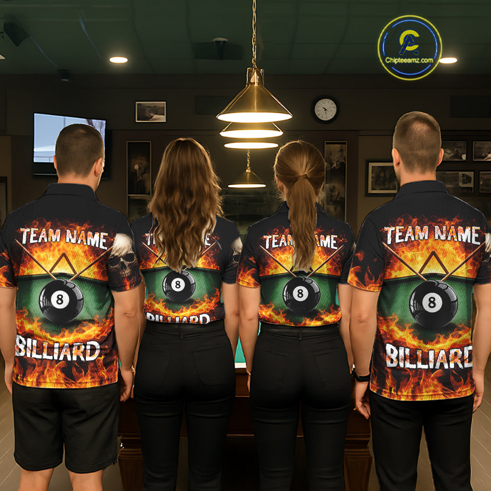 Fire Flame Pool 8 Ball Skull Billiard Shirts For Men Custom Billiard League Jerseys | Red NYN2286