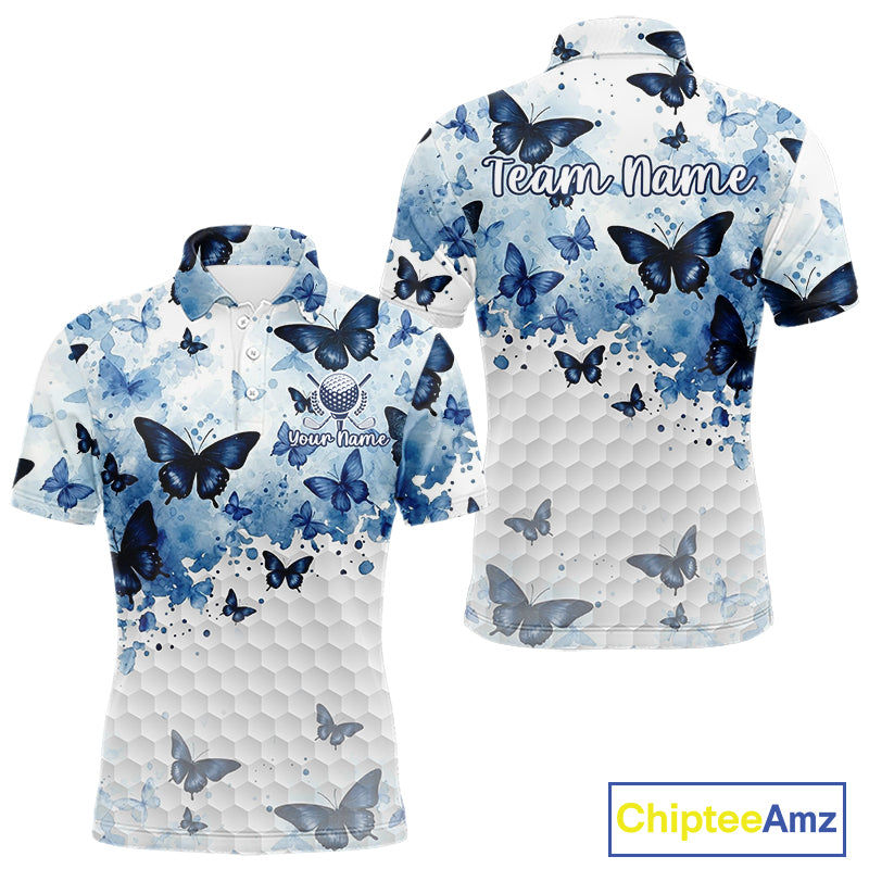 White & Blue Butterflies Mens Golf Polo Shirt Custom Watercolor Golf Shirts Golf Attire NYN3155