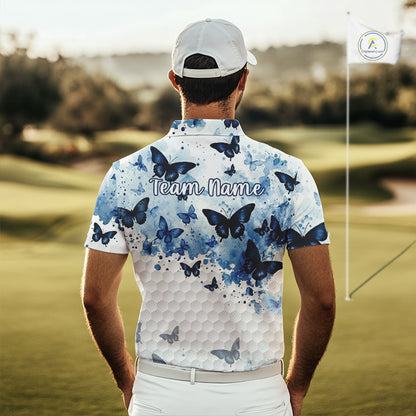 White & Blue Butterflies Mens Golf Polo Shirt Custom Watercolor Golf Shirts Golf Attire NYN3155