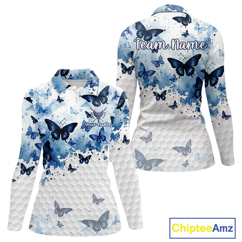 White & Blue Butterflies Womens Golf Polo Shirt Custom Watercolor Golf Shirts Golf Attire NYN3155