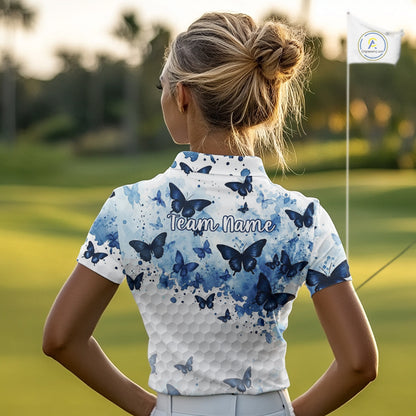 White & Blue Butterflies Womens Golf Polo Shirt Custom Watercolor Golf Shirts Golf Attire NYN3155