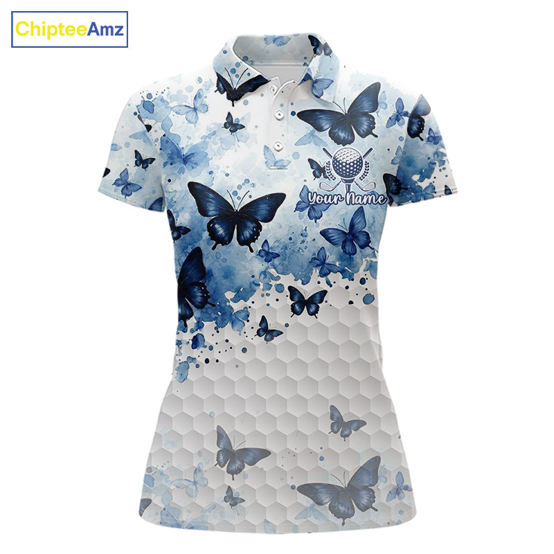 White & Blue Butterflies Womens Golf Polo Shirt Custom Watercolor Golf Shirts Golf Attire NYN3155
