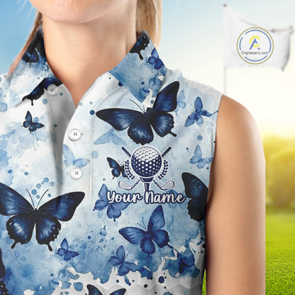 White & Blue Butterflies Womens Golf Sleeveless Polo Shirt Custom Watercolor Golf Shirts Golf Attire NYN3155