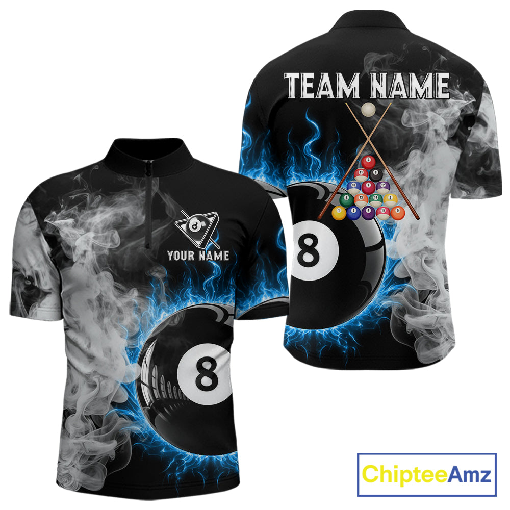 Grey Smokes Billiard Balls Shirts For Men Custom Blue Flames Ball 8 Billiard Team Jerseys NYN2303