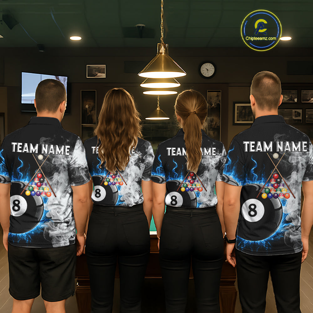 Grey Smokes Billiard Balls Shirts For Women Custom Blue Flames Ball 8 Billiard Team Jerseys NYN2303