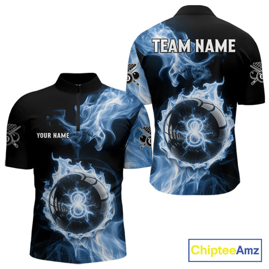 Blue Flaming Pool Billiard Shirts For Men Custom Light Ball 8 Billiard Team Jerseys NYN2300
