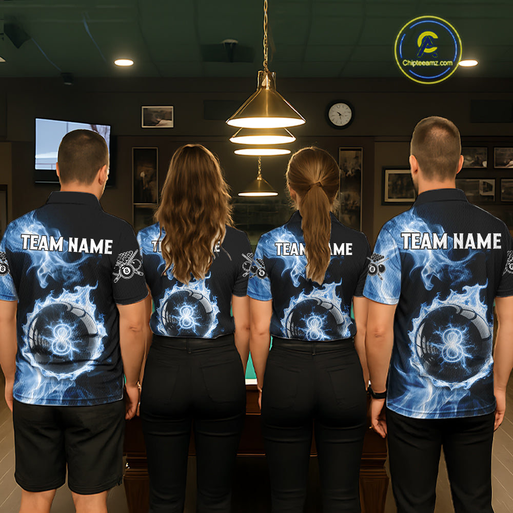 Blue Flaming Pool Billiard Shirts For Men Custom Light Ball 8 Billiard Team Jerseys NYN2300