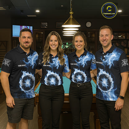 Blue Flaming Pool Billiard Shirts For Men Custom Light Ball 8 Billiard Team Jerseys NYN2300