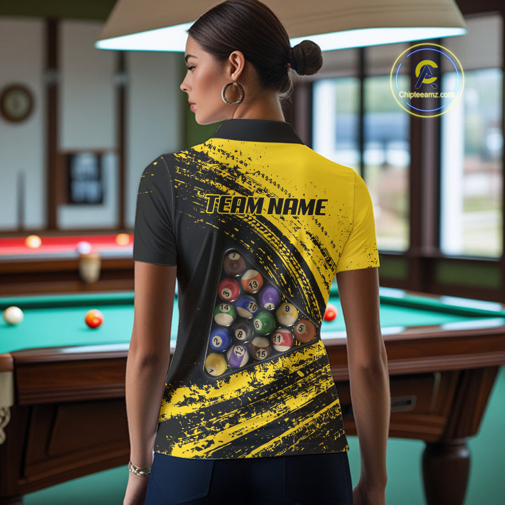 Yellow Grunge Billiard 15 Ball Pool Polo & Quarter-Zip Shirt Custom Billiard Team Attire For Women NYN2747