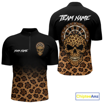 Brown Skull & Dartboard Leopard Pattern Darts Quarter-Zip Shirts For Men Darts Team Jerseys NYN2755