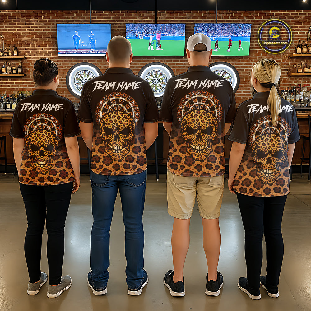 Brown Skull & Dartboard Leopard Pattern Darts Quarter-Zip Shirts For Men Darts Team Jerseys NYN2755