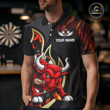 Personalized Bull Red Flames Darts Polo & 1/4-Zip Shirt For Men Funny Dart Team Dart Jerseys NYN2962