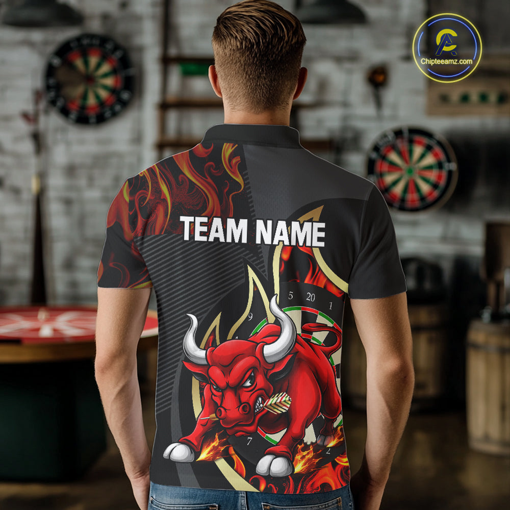 Personalized Bull Red Flames Darts Polo & 1/4-Zip Shirt For Men Funny Dart Team Dart Jerseys NYN2962