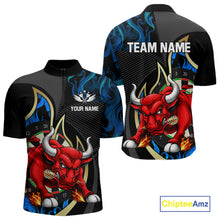 Load image into Gallery viewer, Personalized Bull Blue Flames Darts Polo &amp; 1/4-Zip Shirt For Men Funny Dart Team Dart Jerseys NYN2963