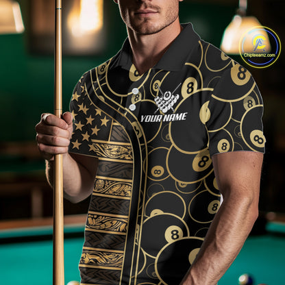 Black & Gold Tribal 8 Ball Pool Shirts Custom Men Billiard Polo & 1/4 Zip Shirt Billiard Team Jerseys NYN2970