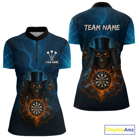 Flaming Dartboard & Evil Magician Darts Shirt For Women - Custom Player & Team Name NYN0392