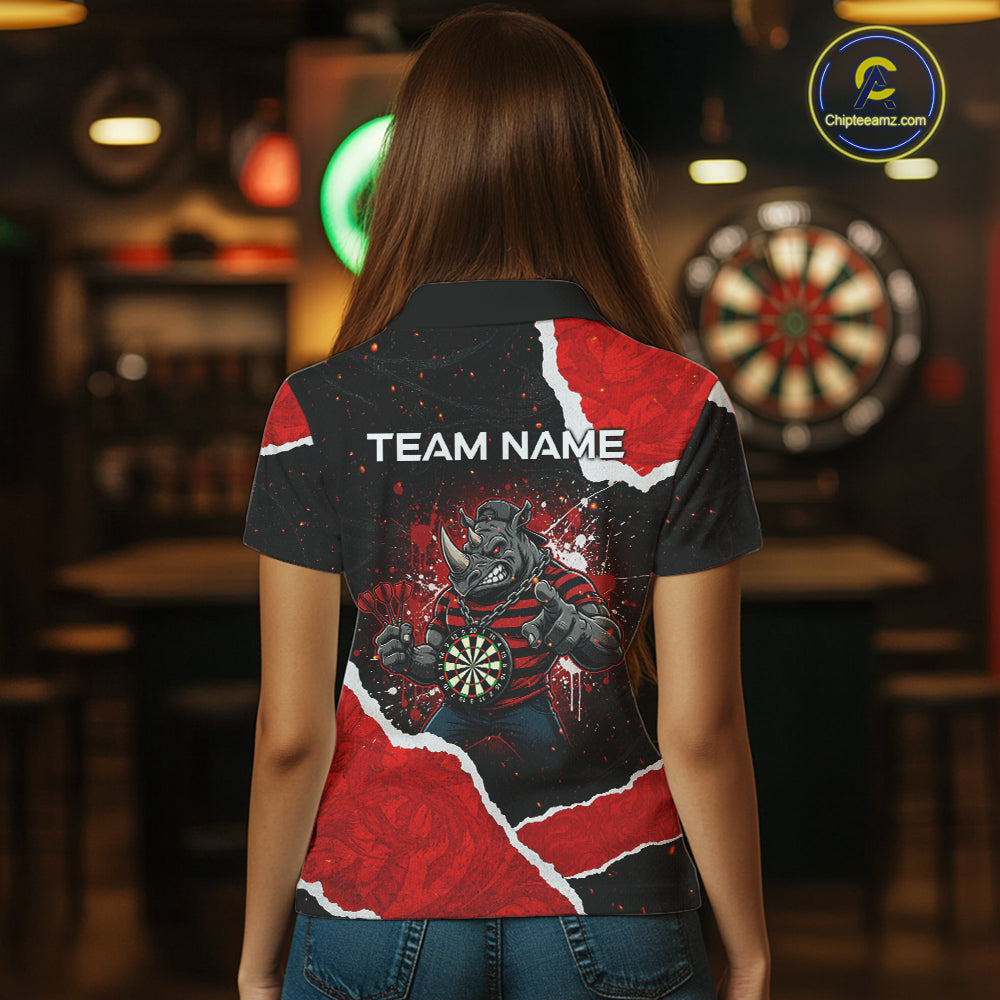Black & Red Splatter Rhino Women Darts Polo Shirt Custom Funny Team Dart League Jerseys NYN2067