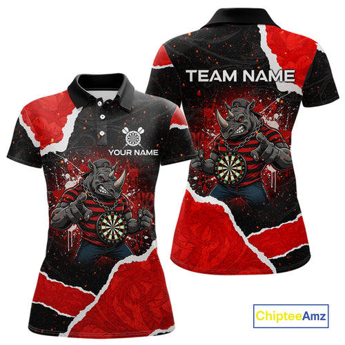 Black & Red Splatter Rhino Women Darts Polo Shirt Custom Funny Team Dart League Jerseys NYN2067