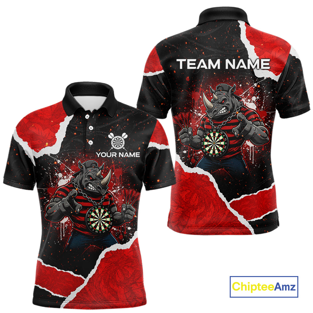 Black & Red Splatter Rhino Men Darts Polo Shirt Custom Funny Team Dart League Jerseys NYN2067
