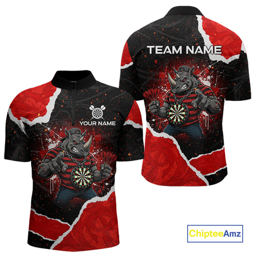 Black & Red Splatter Rhino Men Darts Quarter-Zip Shirt Custom Funny Team Dart League Jerseys NYN2067