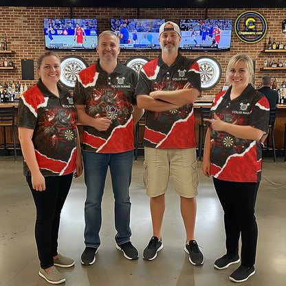 Black & Red Splatter Rhino Men Darts Polo Shirt Custom Funny Team Dart League Jerseys NYN2067