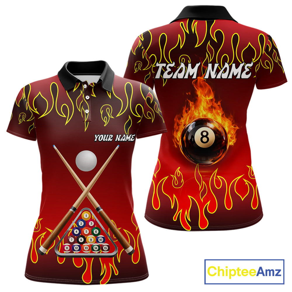 Custom Fire Flame 8 Ball Women's Billiard Shirts Personalized Billiard Attire Gifts | Red NYN2321