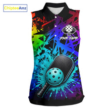 Load image into Gallery viewer, Teal splatter pickleball ball and paddles sleeveless polo for women colorful pickleball clothing