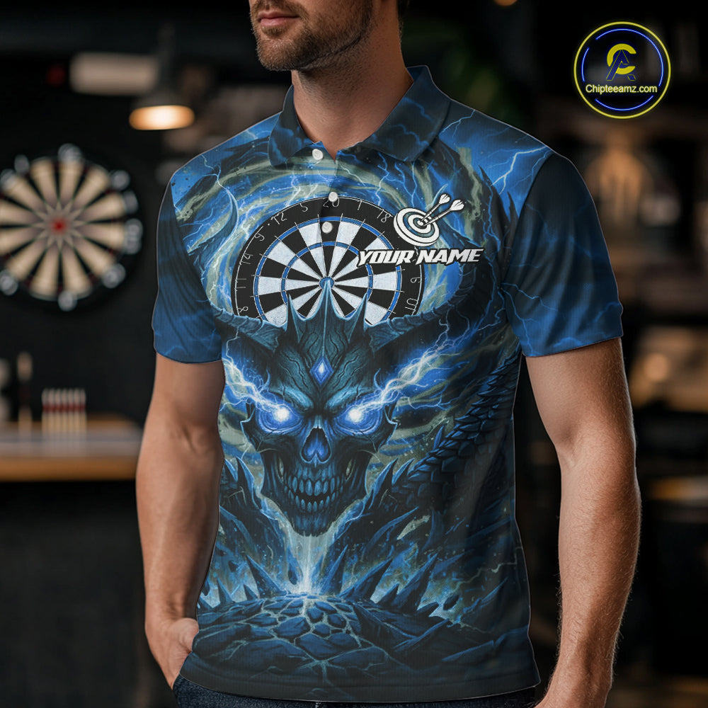 Lightning Blue & Grey Dragon Skull Dartboard Custom Men Darts Polo Shirt, Dart Jerseys NYN1808