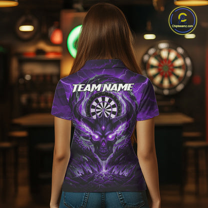 Lightning Purple & Grey Dragon Skull Dartboard Custom Women Darts Polo Shirt, Dart Jerseys NYN1809