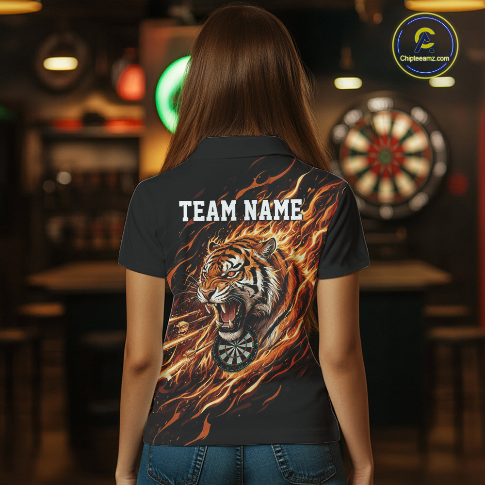 Orange Flaming Tiger Funny Darts Custom Women's Dart Polo Shirts Team Dart League Jerseys NYN2076