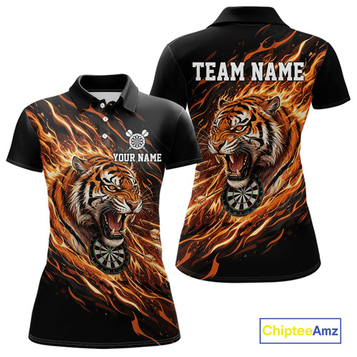 Orange Flaming Tiger Funny Darts Custom Women's Dart Polo Shirts Team Dart League Jerseys NYN2076