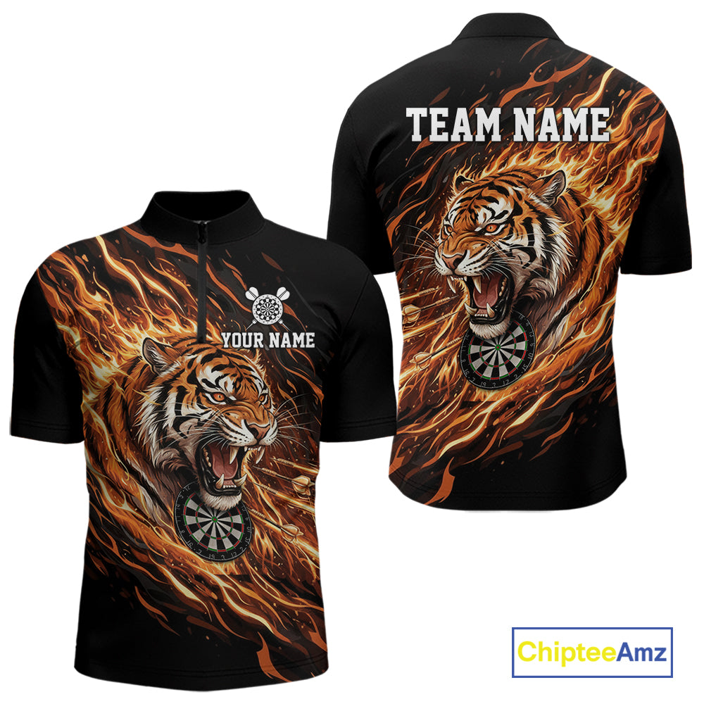 Orange Flaming Tiger Funny Darts Custom Men's Dart Quarter-Zip Shirts Team Dart League Jerseys NYN2076
