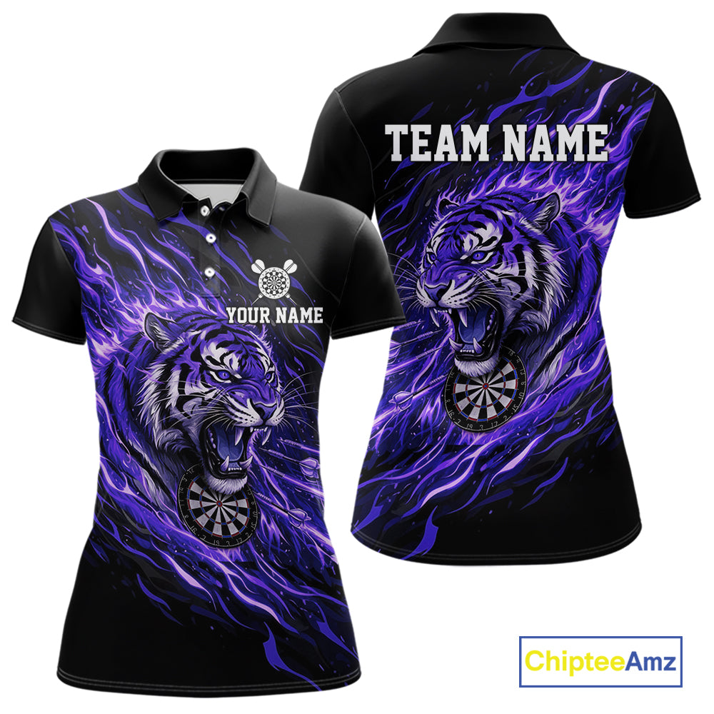 Purple Flaming Tiger Funny Darts Custom Women's Dart Polo Shirts Team Dart League Jerseys NYN2077
