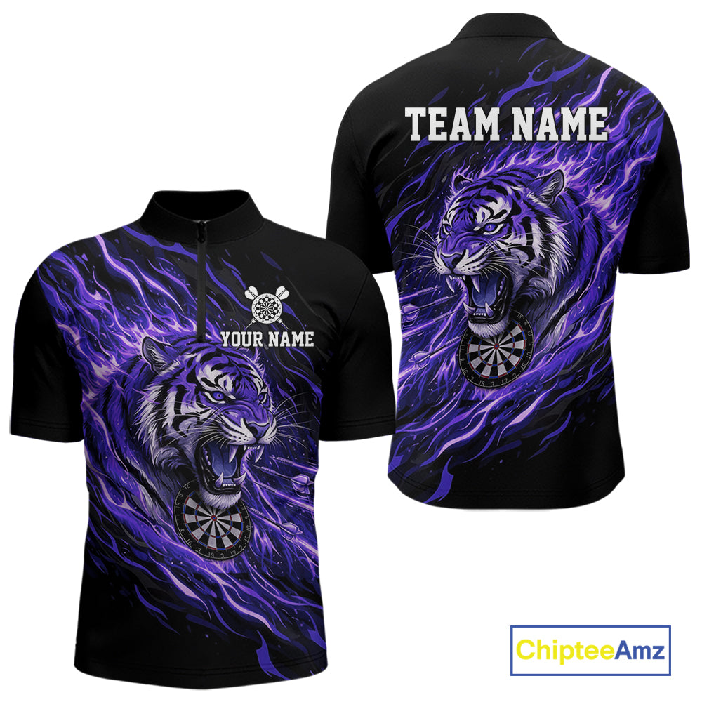 Purple Flaming Tiger Funny Darts Custom Men's Dart Quarter-Zip Shirts Team Dart League Jerseys NYN2077