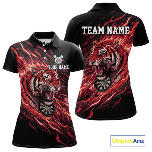 Red Flaming Tiger Funny Darts Custom Women's Dart Polo Shirts Team Dart League Jerseys NYN2078