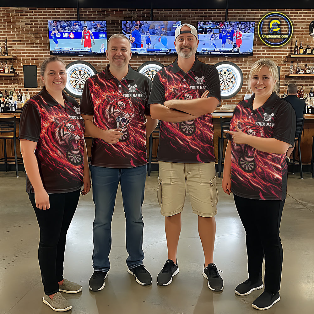 Red Flaming Tiger Funny Darts Custom Women's Dart Polo Shirts Team Dart League Jerseys NYN2078