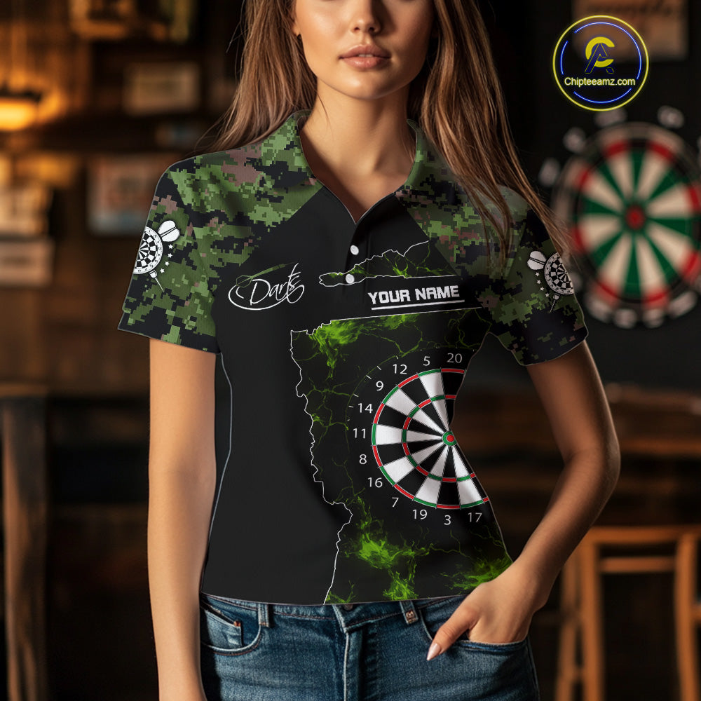 Camo Pattern Green With Flame Dartboard Dart Shirts For Women, Custom Dart Jerseys NYN0063