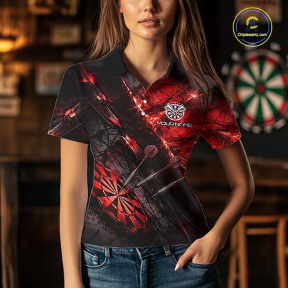 Personalized Black & Red Grunge Dartboard & Arrow Women Darts Polo Shirt Custom Dart Team Jersey NYN2618