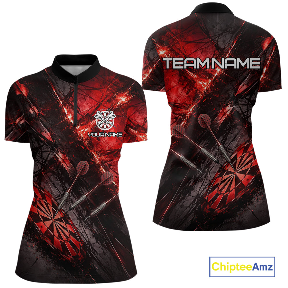 Personalized Black & Red Grunge Dartboard & Arrow Women Darts Quarter-Zip Shirt Custom Dart Team Jersey NYN2618
