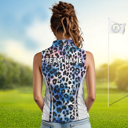 Womens Golf Sleeveless Polo Shirt Custom Neon Blue Leopard Pattern Golf Shirts ,Best Womens Golf Shirts NYN3391
