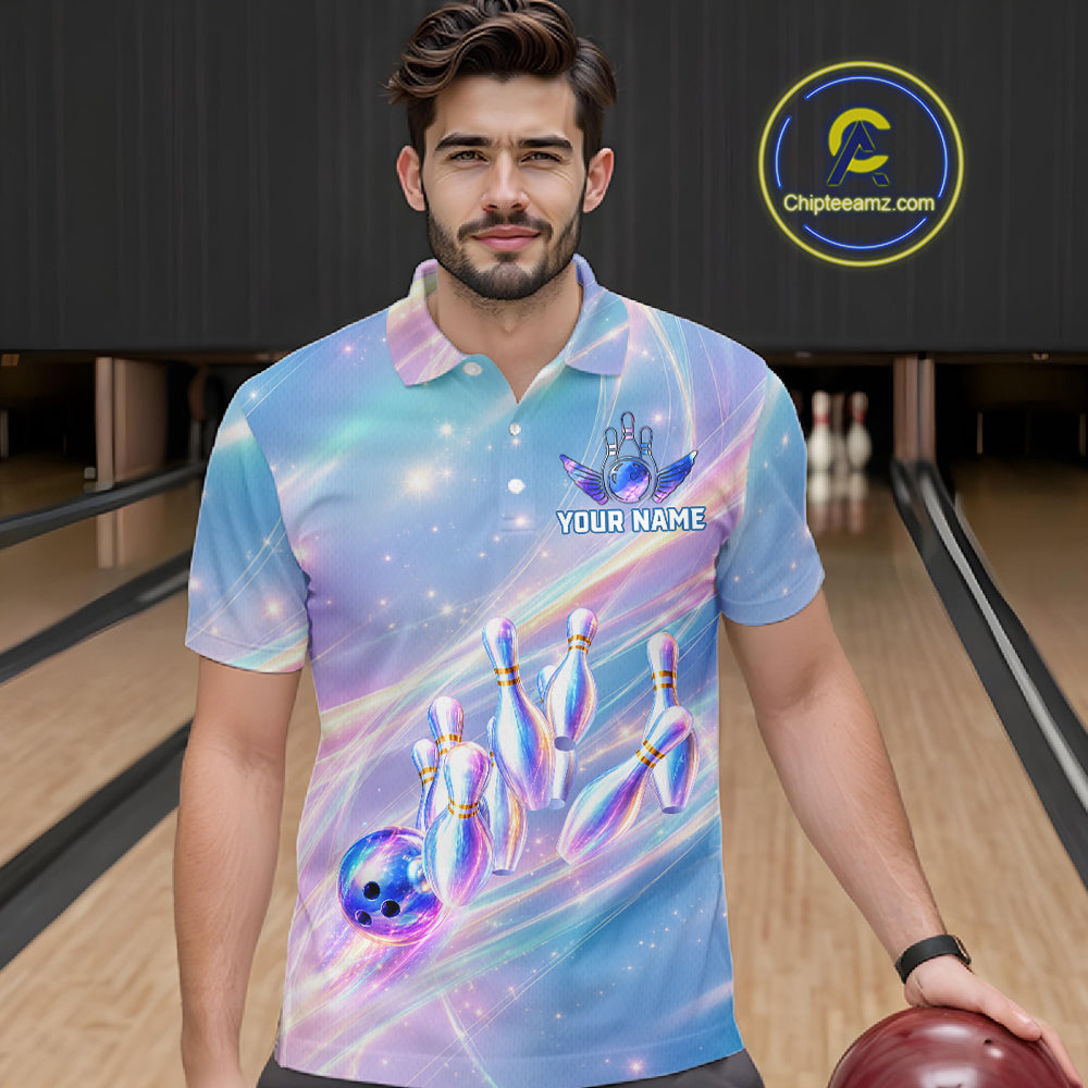 Male bowler wearing holographic galaxy bowling jersey during championship competition, premium bowling apparel for artistic athletes, bowling enthusiasts and tournament professionals, symbolizing originality, confidence and competitive success.