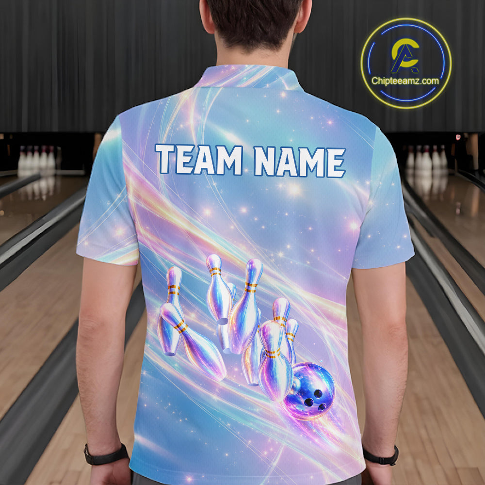 Male bowler wearing holographic galaxy bowling jersey during championship competition, premium bowling apparel for artistic athletes, bowling enthusiasts and tournament professionals, symbolizing originality, confidence and competitive success.
