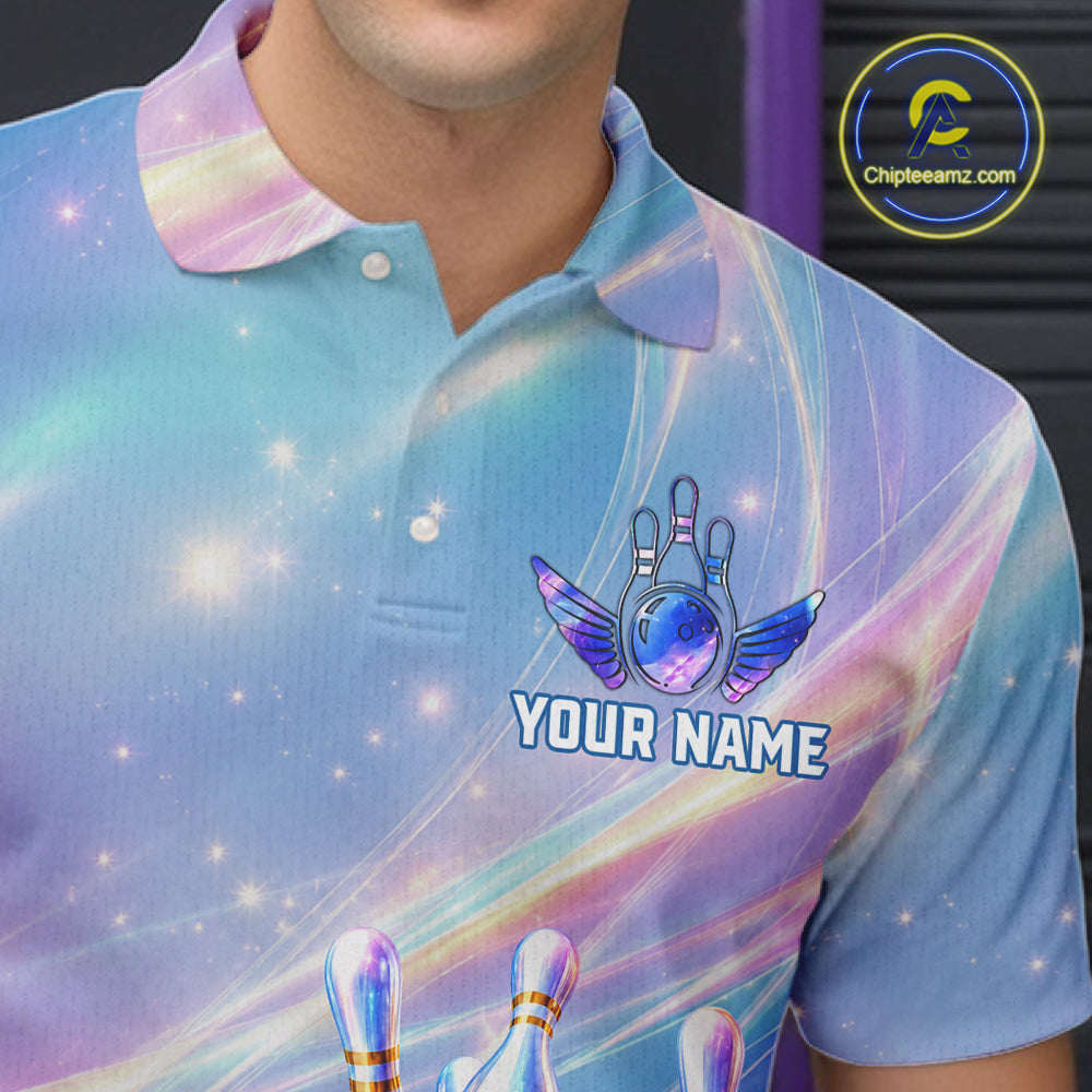 Male bowler wearing holographic galaxy bowling jersey during championship competition, premium bowling apparel for artistic athletes, bowling enthusiasts and tournament professionals, symbolizing originality, confidence and competitive success.