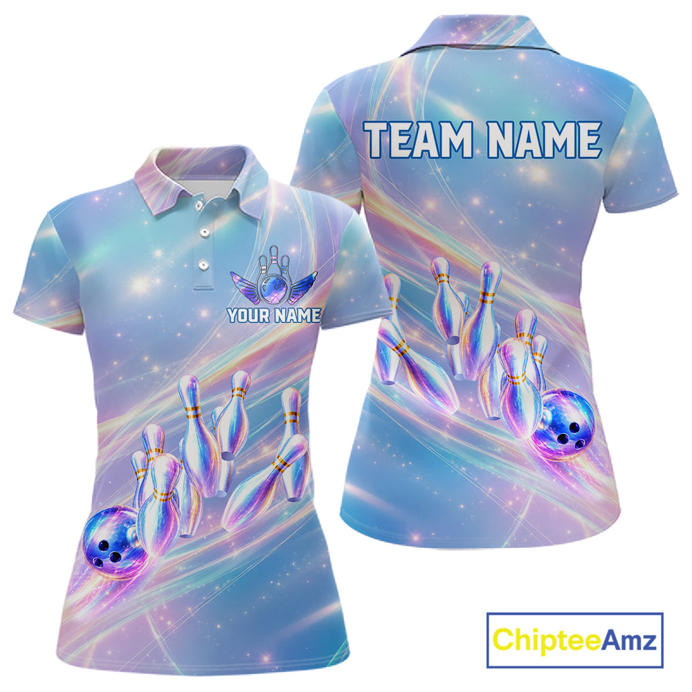 Holographic Bowling Ball & Pins Shirt For Women Custom Rainbow Galaxy Polo Quarter-Zip Bowling Jersey NYN3675