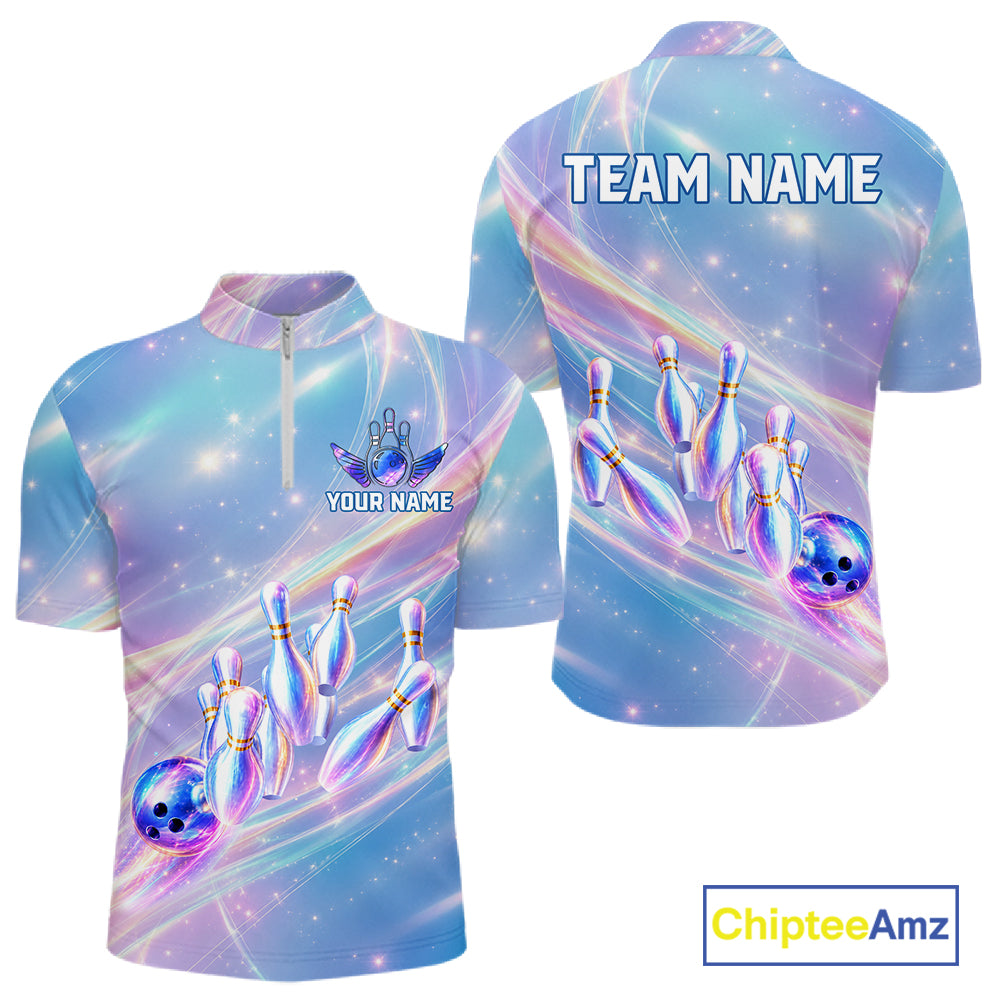 Men's quarter-zip bowling jersey featuring holographic rainbow galaxy artwork with bowling ball and pins, custom tournament apparel for league champions, bowling teams and futuristic sportswear enthusiasts, representing creativity, excellence and achievement.