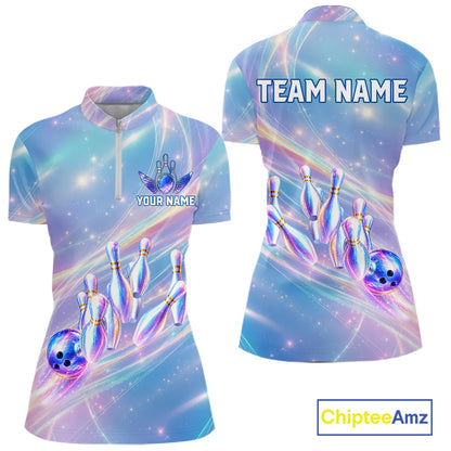 Holographic Bowling Ball & Pins Shirt For Women Custom Rainbow Galaxy Polo Quarter-Zip Bowling Jersey NYN3675