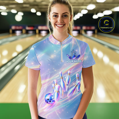 Holographic Bowling Ball & Pins Shirt For Women Custom Rainbow Galaxy Polo Quarter-Zip Bowling Jersey NYN3675