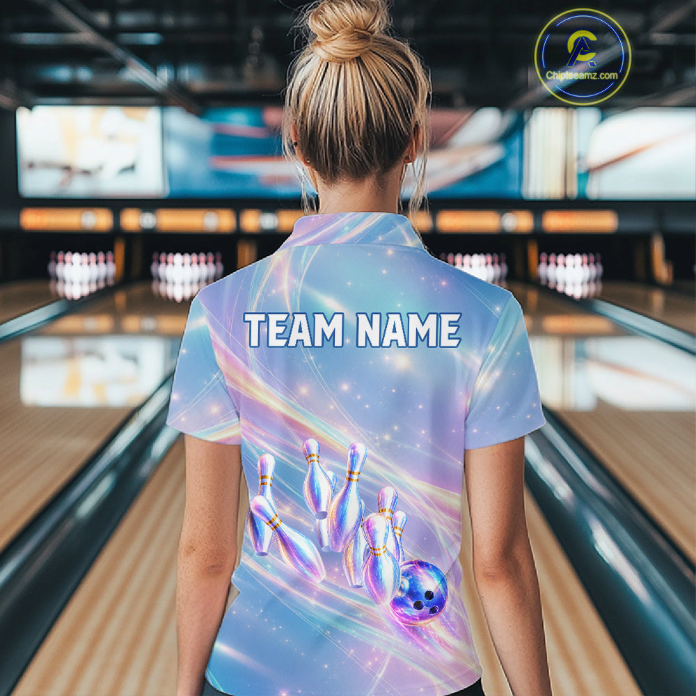 Holographic Bowling Ball & Pins Shirt For Women Custom Rainbow Galaxy Polo Quarter-Zip Bowling Jersey NYN3675