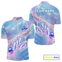 Load image into Gallery viewer, Holographic Bowling Ball &amp; Pins Shirt For Men Custom Rainbow Galaxy Polo Quarter-Zip Bowling Jersey NYN3675