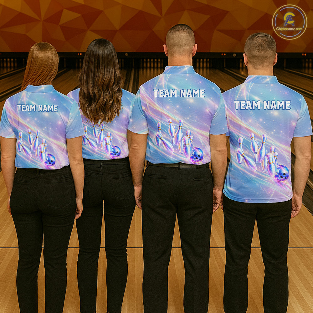 Holographic Bowling Ball & Pins Shirt For Men Custom Rainbow Galaxy Polo Quarter-Zip Bowling Jersey NYN3675